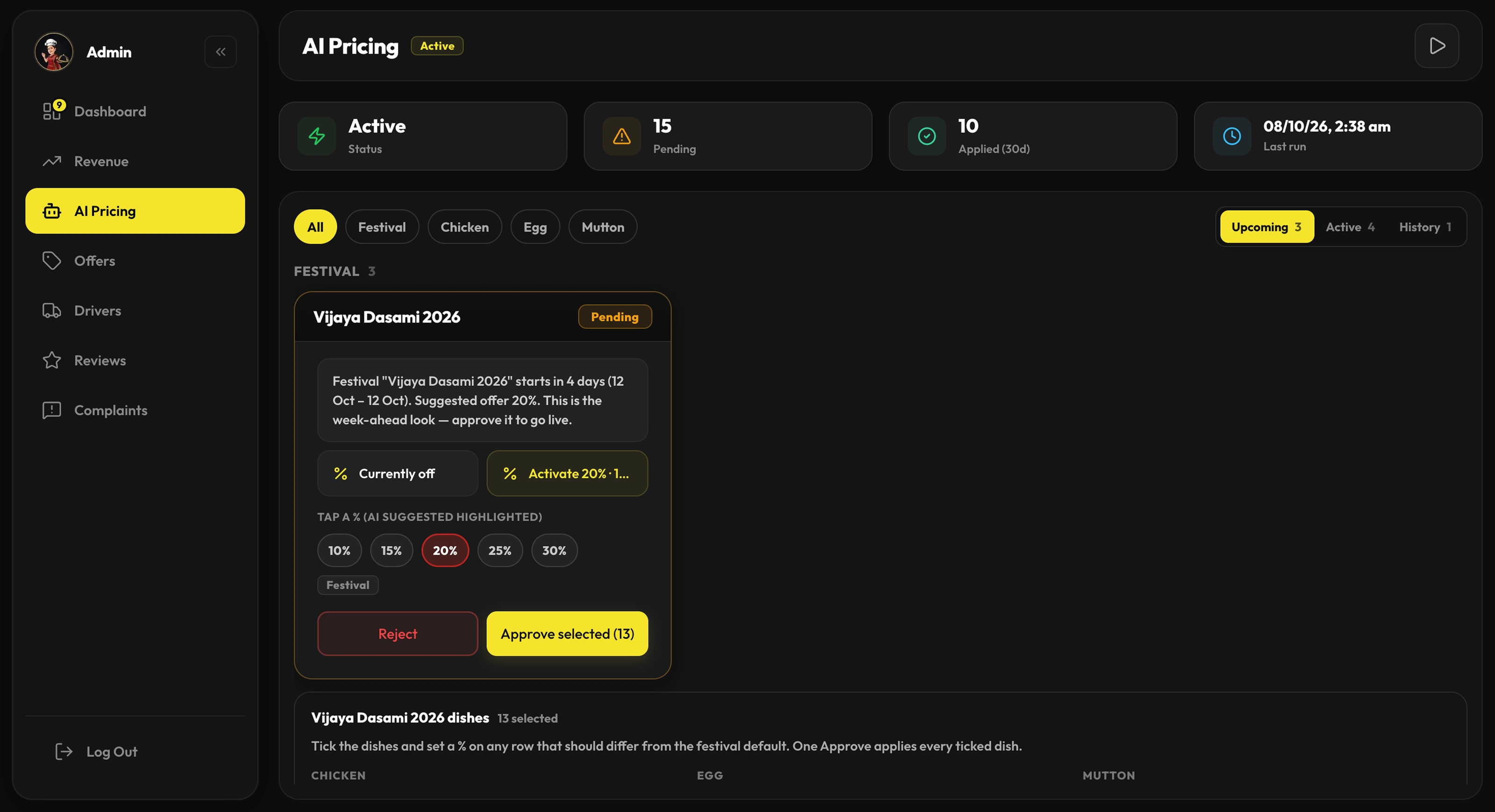 Kitchen dashboard AI pricing and festival settings