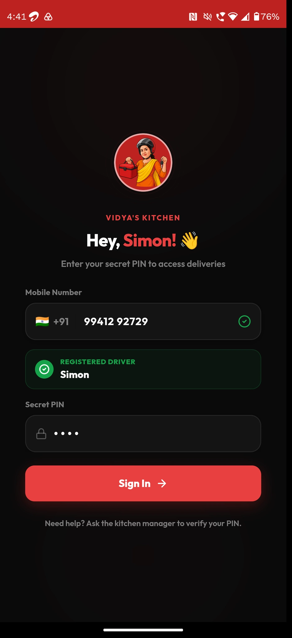 Driver app PIN sign in