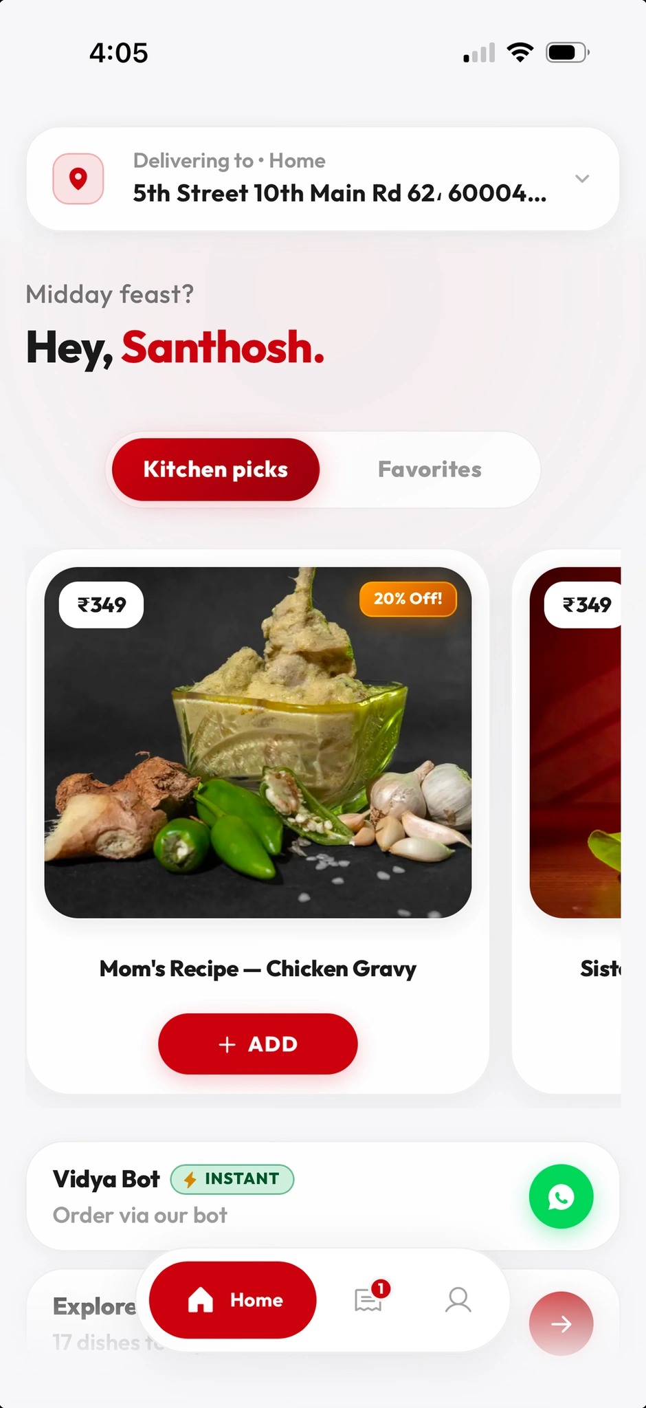 Personalised PWA home with location, kitchen picks, and Vidya Bot