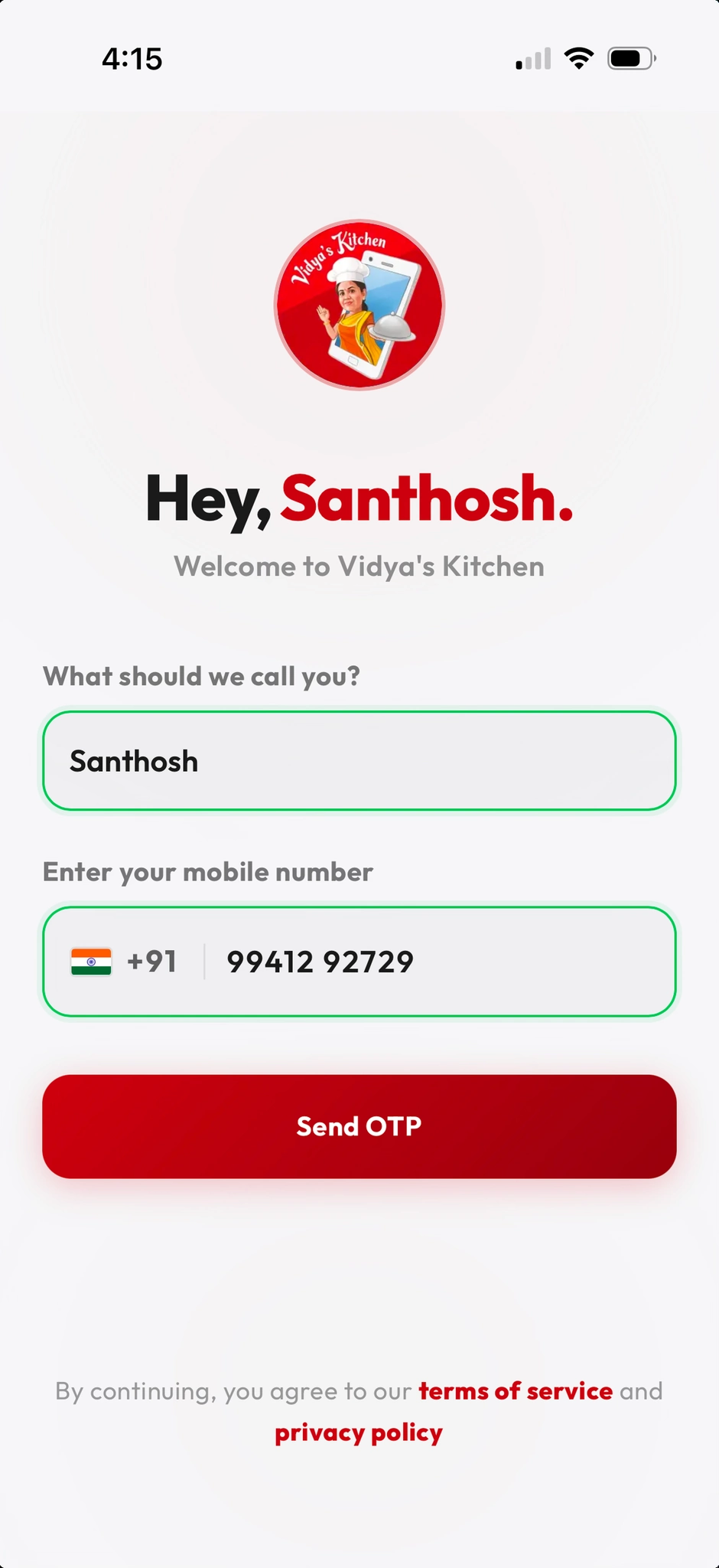 PWA login with pre-filled name and mobile number