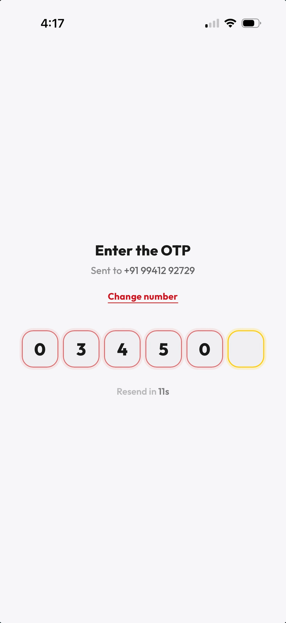 OTP entry with digits filled in