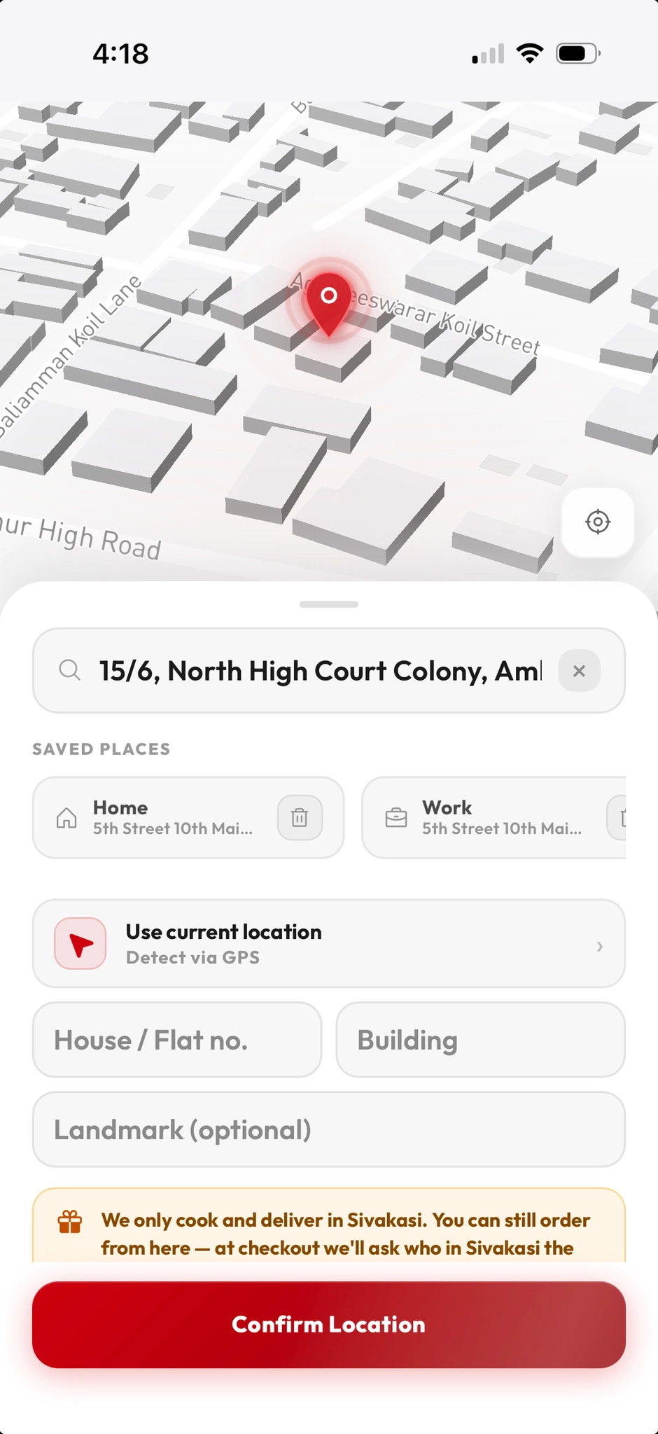 Map pin picker with saved addresses and Sivakasi delivery note