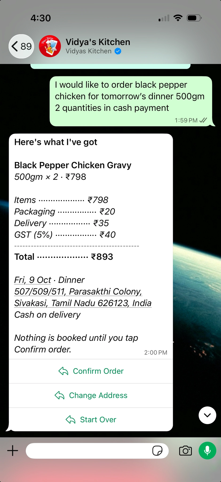 WhatsApp one-message order parsed into itemized confirm card