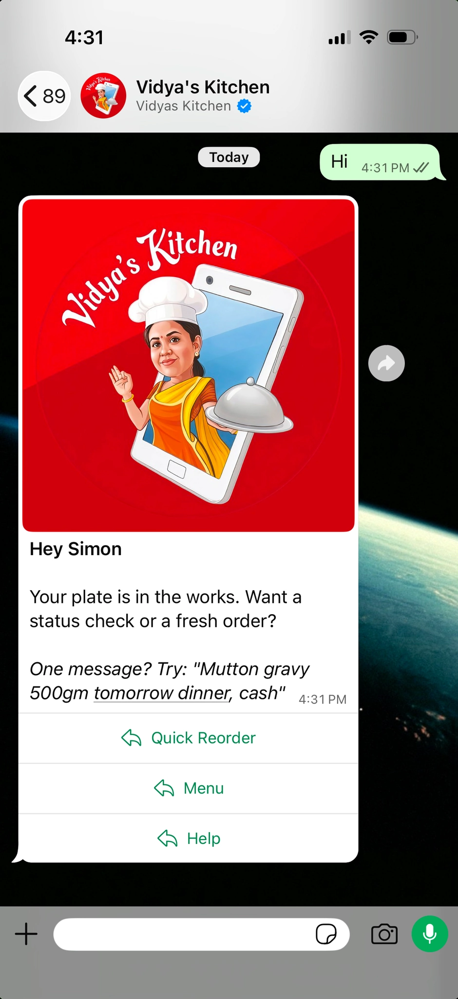 WhatsApp greeting for returning customer with quick action buttons