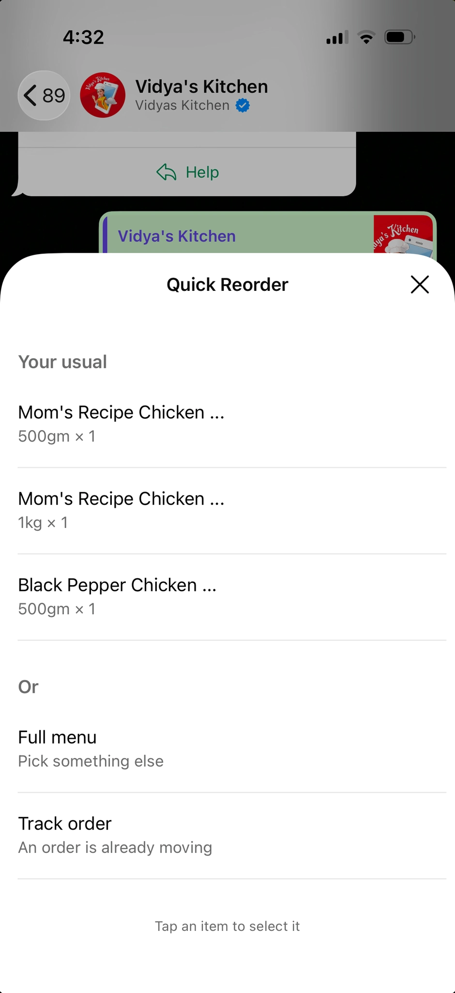WhatsApp quick reorder sheet with frequently ordered dishes